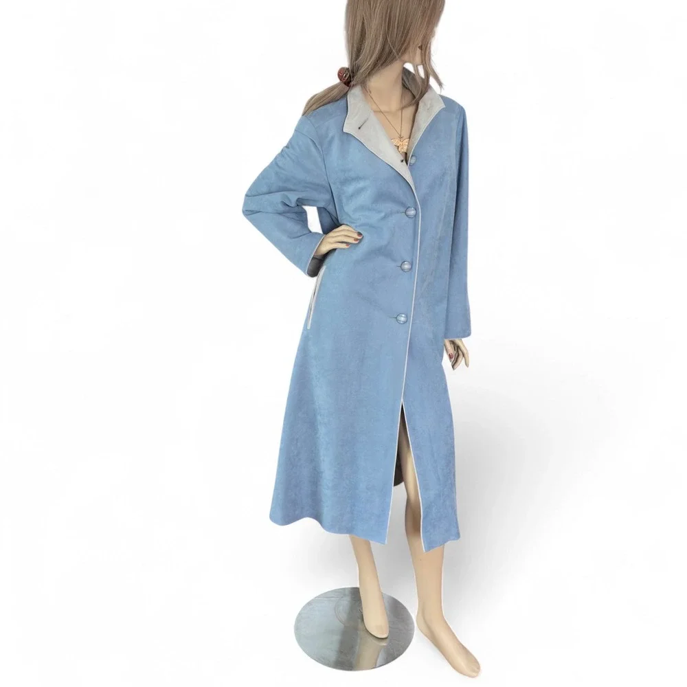 Vintage 80s Blue Faux Suede Midi Coat | Retro Soft Girl Coquette Academia Jacket